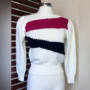 1970s 1980s 70s 80s Vintage Cream Fuchsia Pink & Black 3/4 Sleeve Sweater